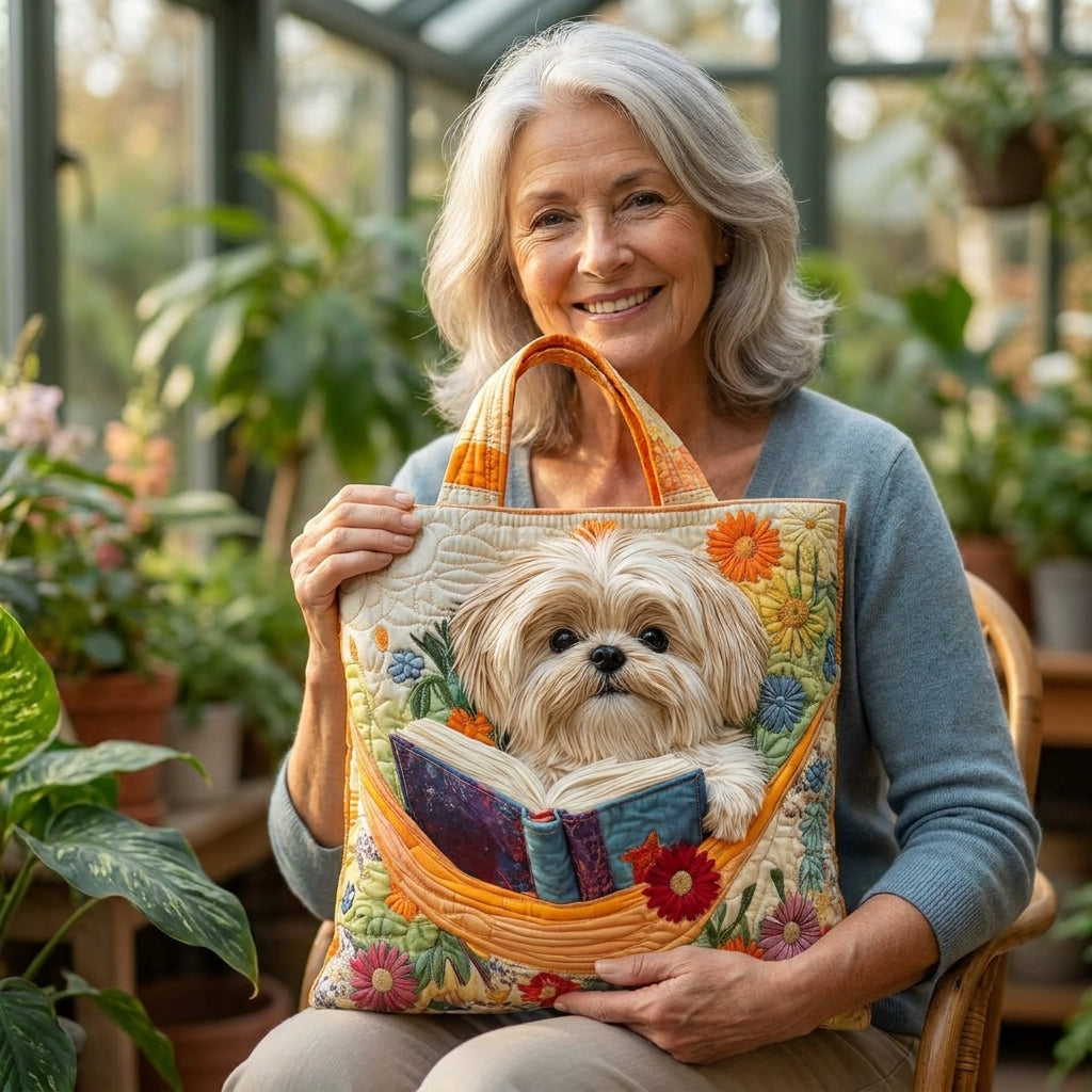 Hantverksväska - Shih tzu med böcker och blommor