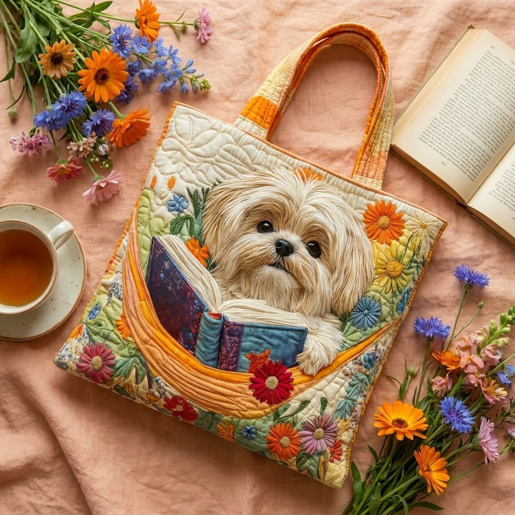 Hantverksväska - Shih tzu med böcker och blommor