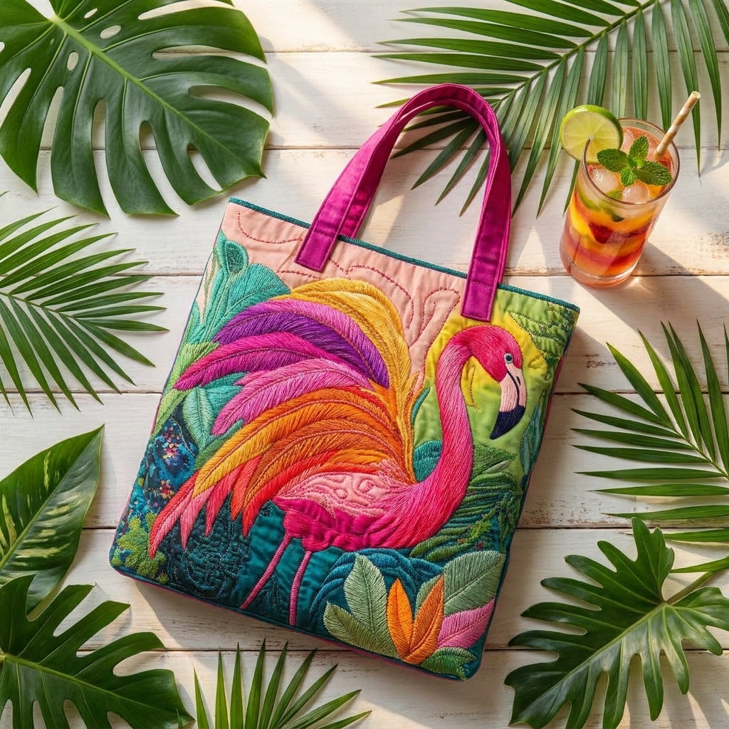 Quiltad toteväska - Regnbågsflamingo