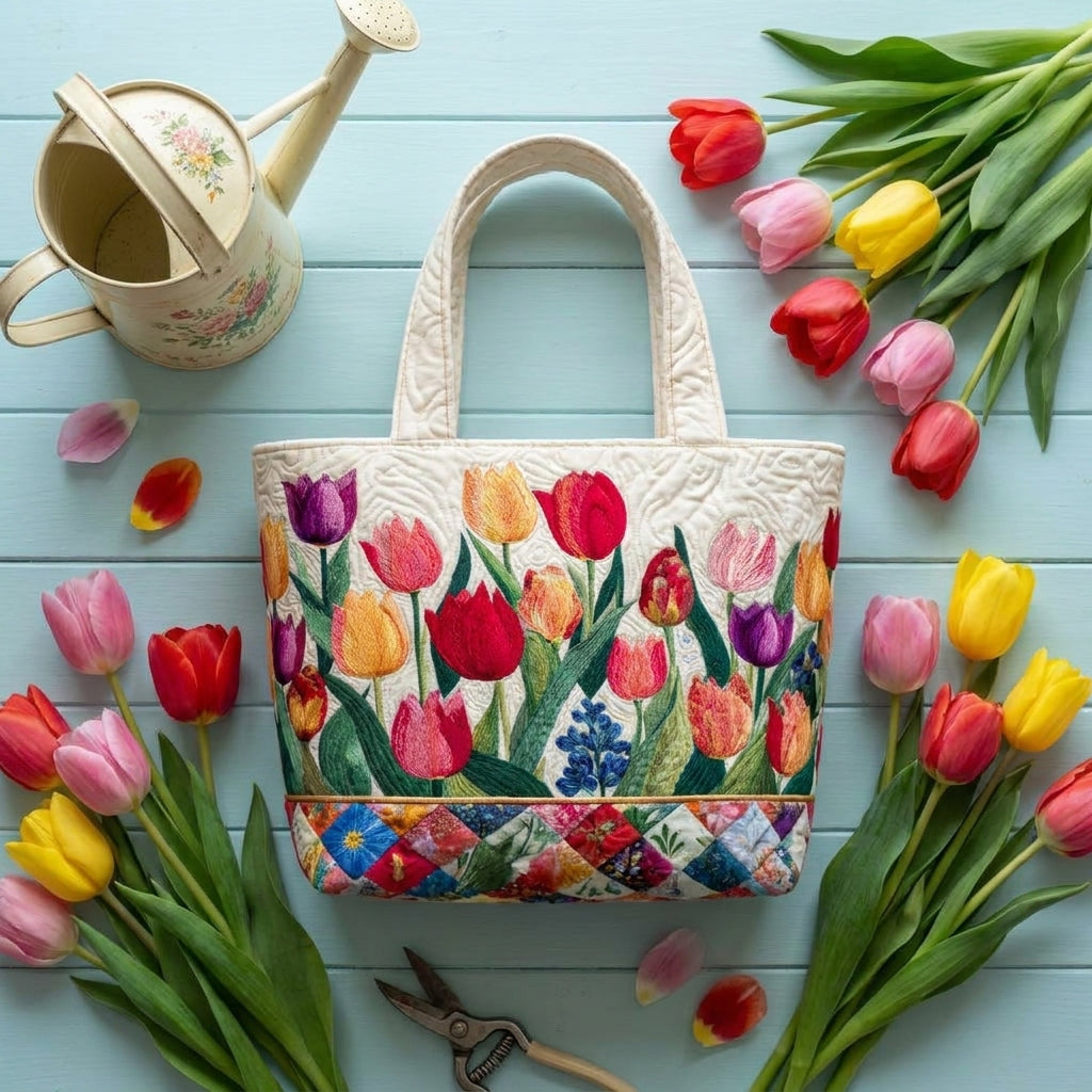Quiltad toteväska - Tulpanträdgård