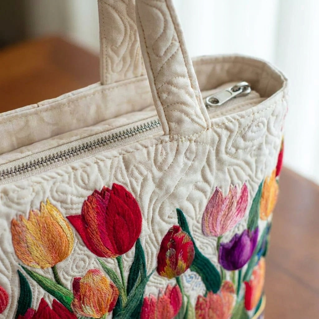 Quiltad toteväska - Tulpanträdgård