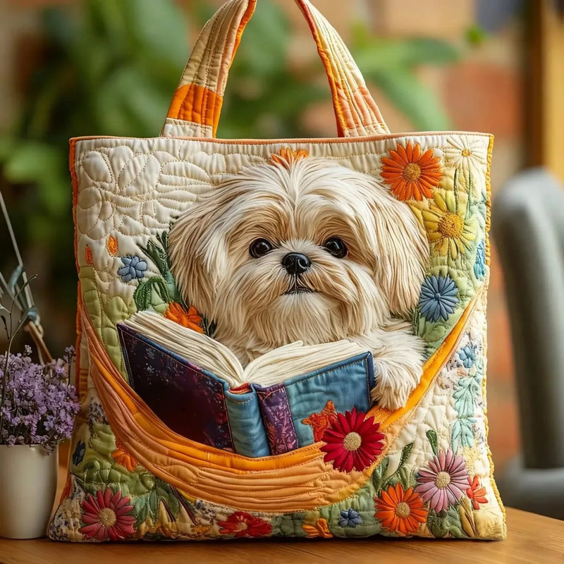 Hantverksväska - Shih tzu med böcker och blommor