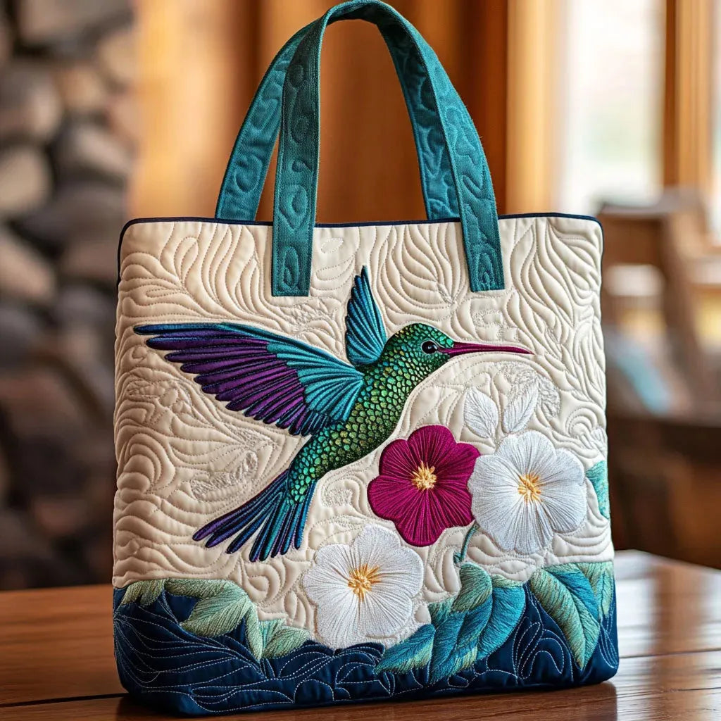 Quiltad väska - Kolibri och vit blomma