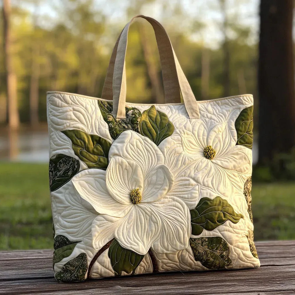 Quiltad hantverkstoteväska - Eleganta vita liljor