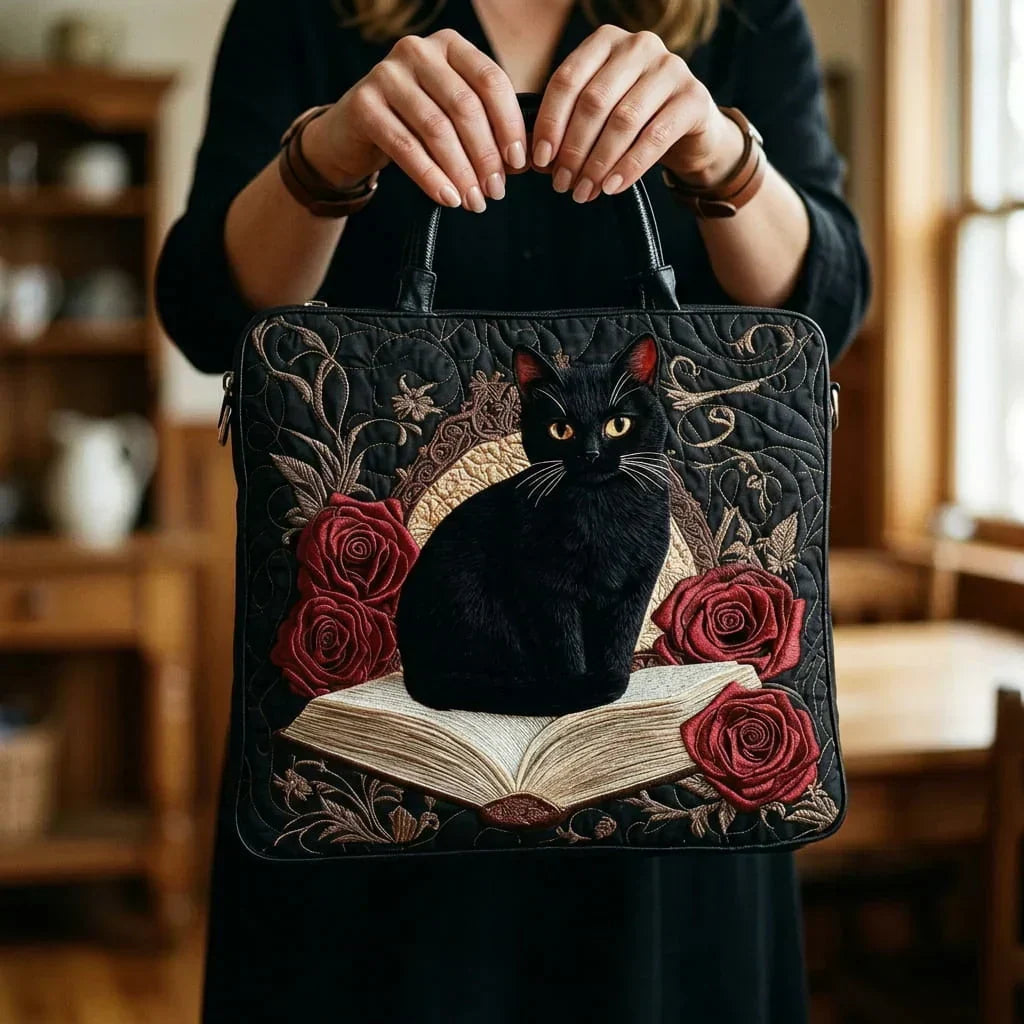 Quiltad hantverksväska - Svart katt på böcker
