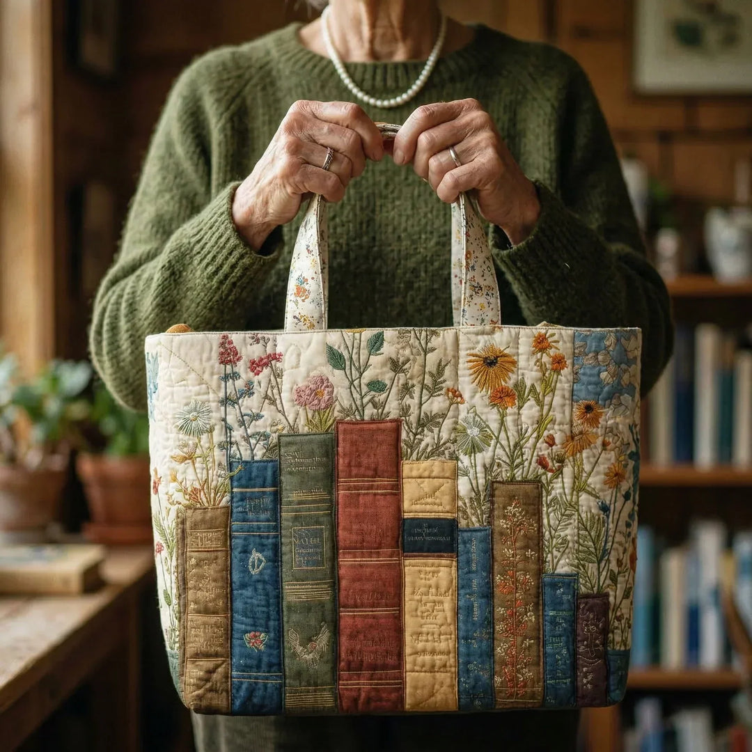 Quiltad hantverksväska - Böcker och blommor