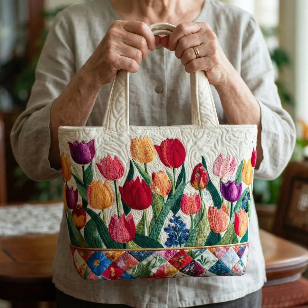 Quiltad toteväska - Tulpanträdgård