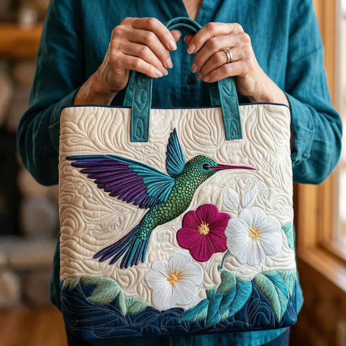 Quiltad väska - Kolibri och vit blomma