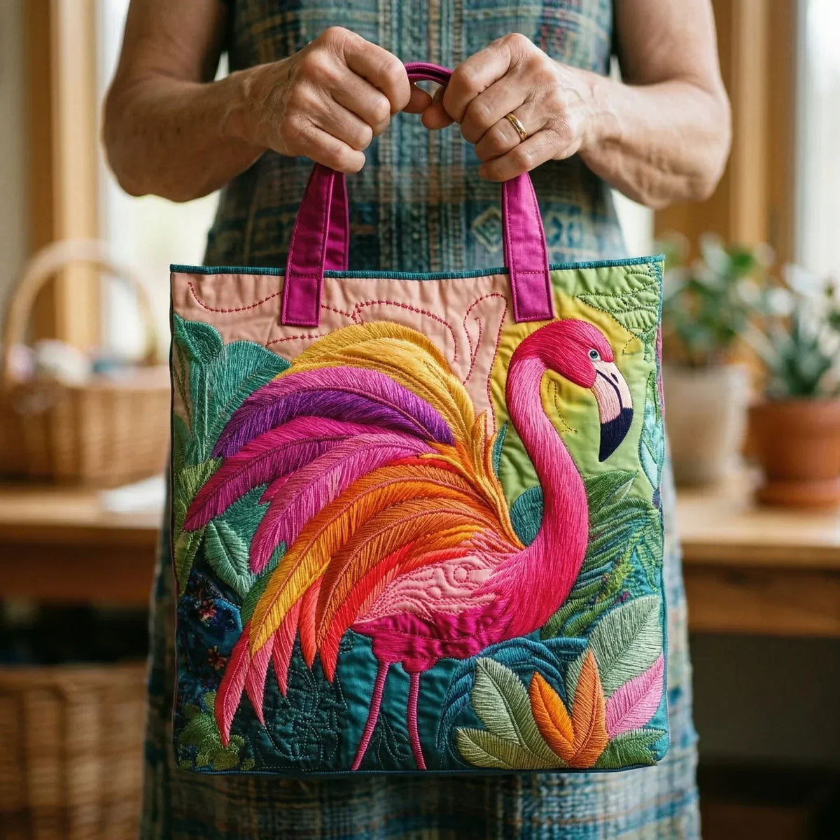 Quiltad toteväska - Regnbågsflamingo